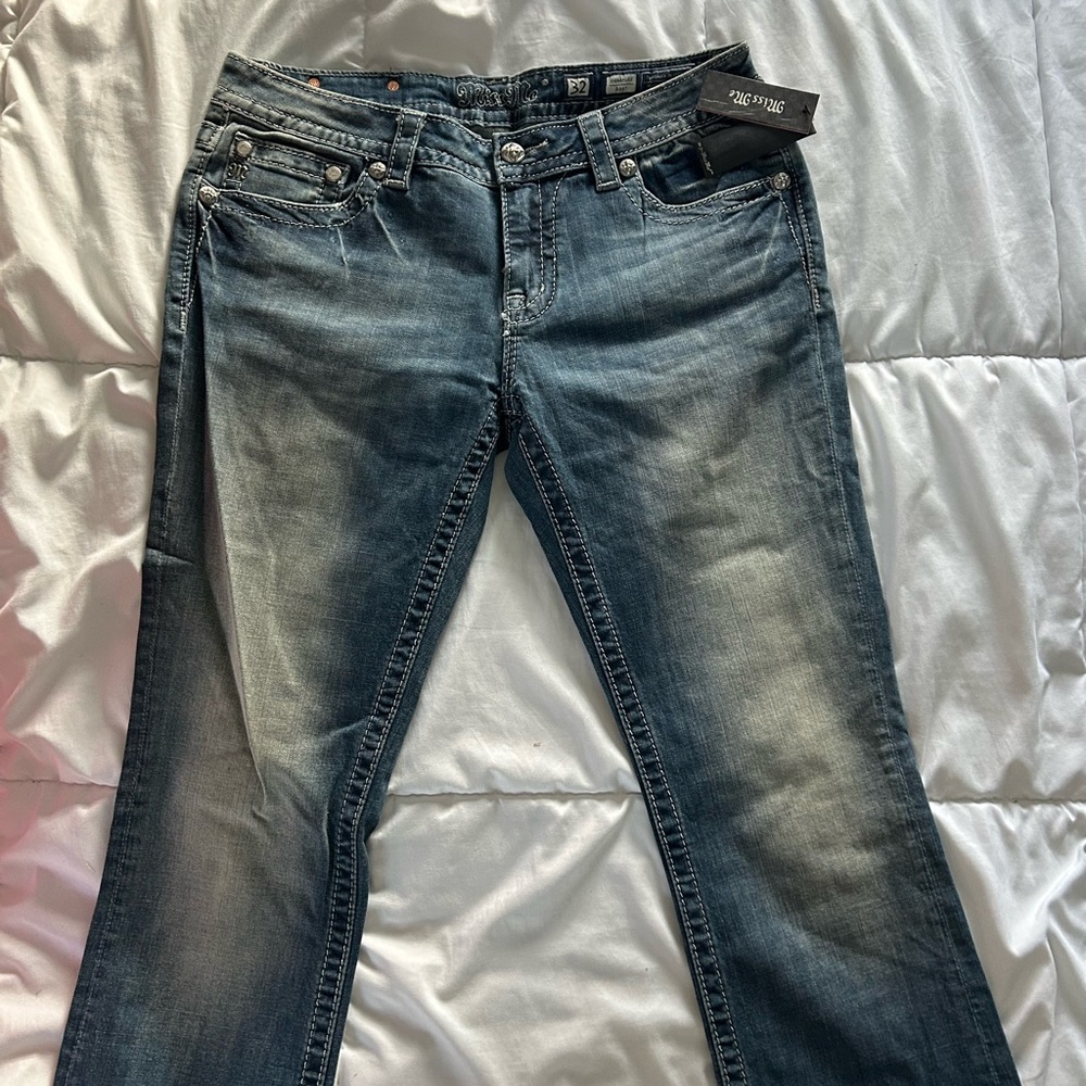 Miss Me Blue Boot Cut Jeans with Silver Accents - Picture 4 of 5